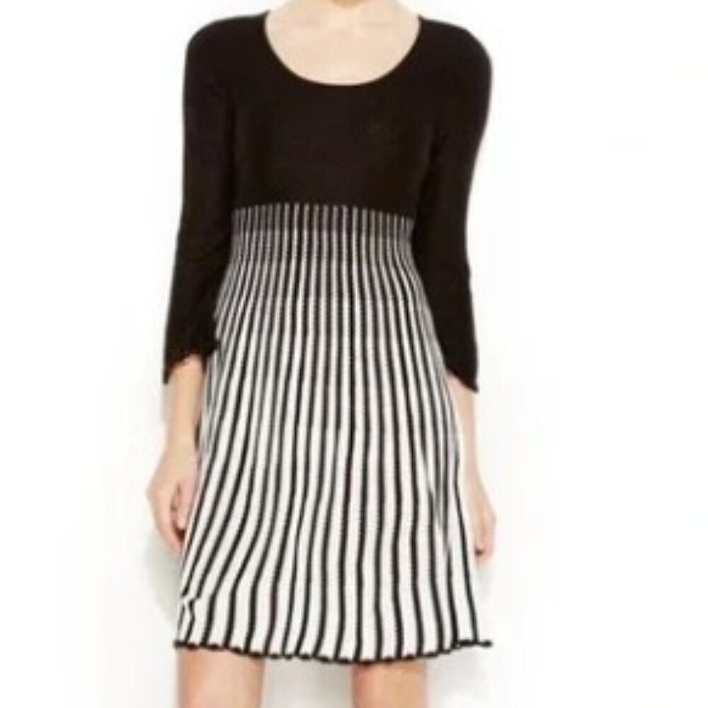 Calvin Klein Long Sleeve Black & Cream Ombre Scoop Neck Dress – MEDIUM